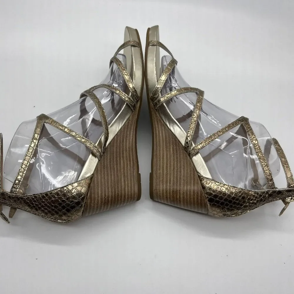 Eileen Fisher Women's 9.5 Gold Strappy Platform Wedge Shoes Sandals‎ Back Zip